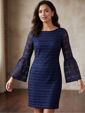 Chaps Navy Lace Bell-Sleeve Sheath Dress